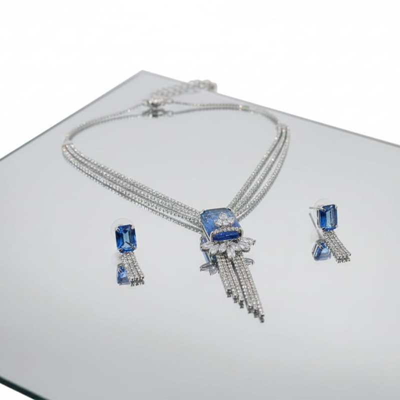 Elegant silver with blue diamond Necklace and earring set - Image 4