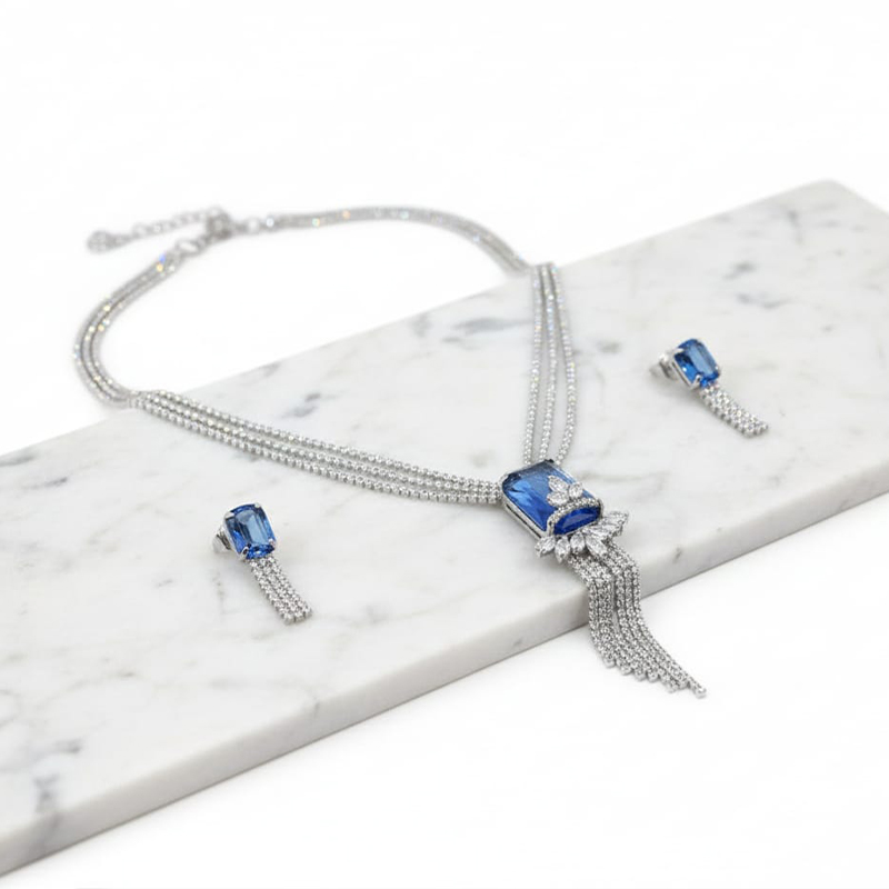 Elegant silver with blue diamond Necklace and earring set - Image 5