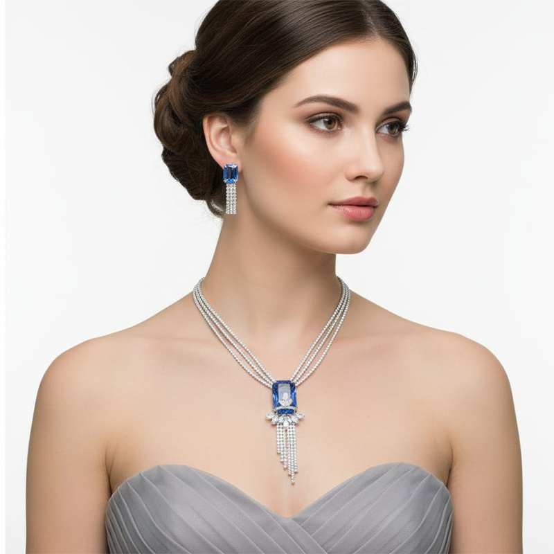Elegant silver with blue diamond Necklace and earring set - Image 2