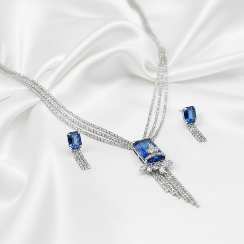 Elegant silver with blue diamond Necklace and earring set - Image 7