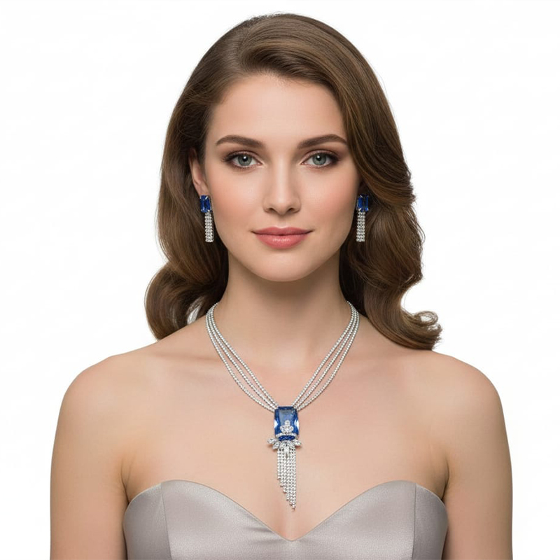 Elegant silver with blue diamond Necklace and earring set - Image 6