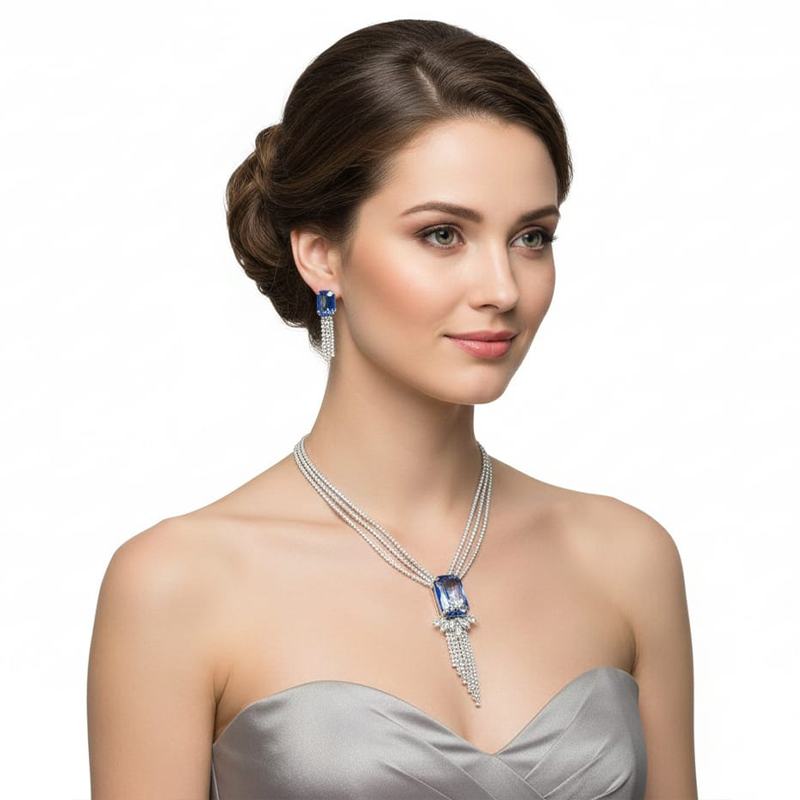 Elegant silver with blue diamond Necklace and earring set - Image 8