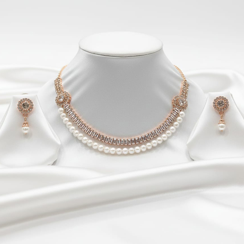 Rosegold with white pearls Necklace and earring set