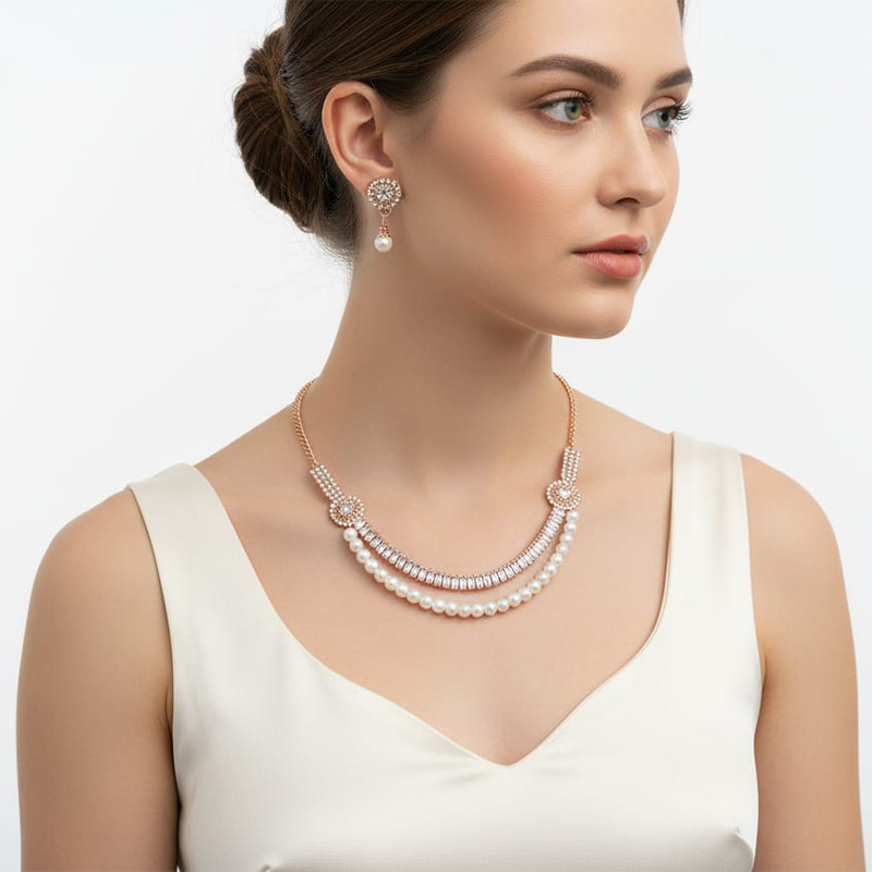 Rosegold with white pearls Necklace and earring set - Image 5