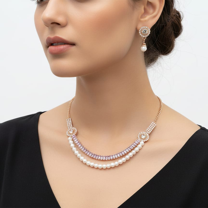 Rosegold with white pearls Necklace and earring set - Image 7