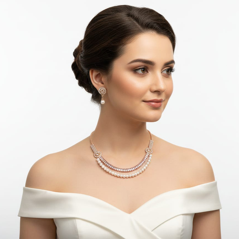 Rosegold with white pearls Necklace and earring set - Image 3