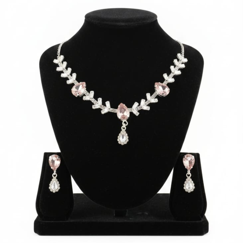 Silver-toned,Blush pink or light rose Necklace with earrings