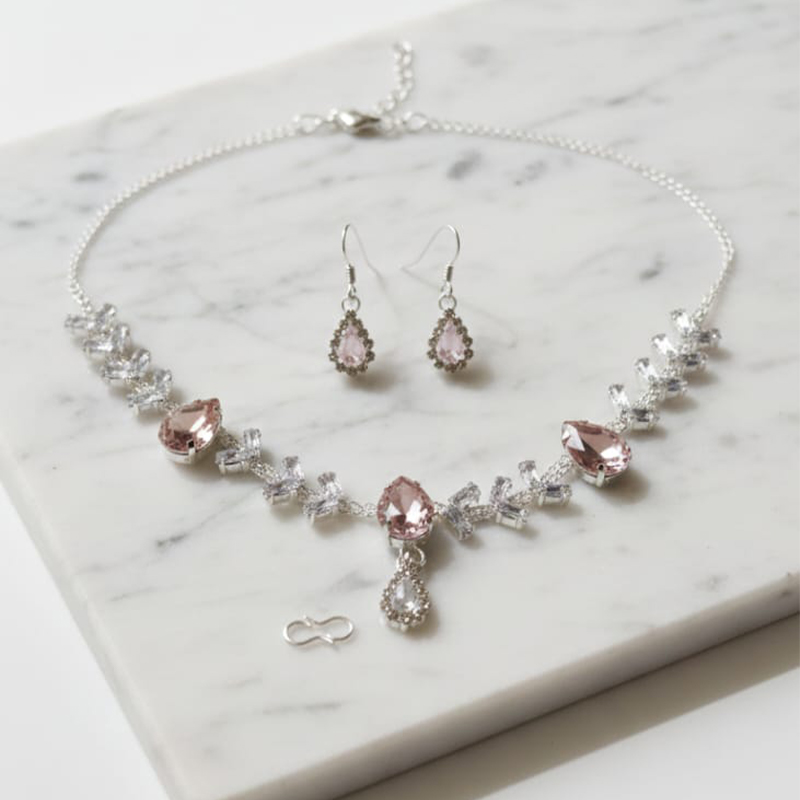 Silver-toned,Blush pink or light rose Necklace with earrings - Image 2