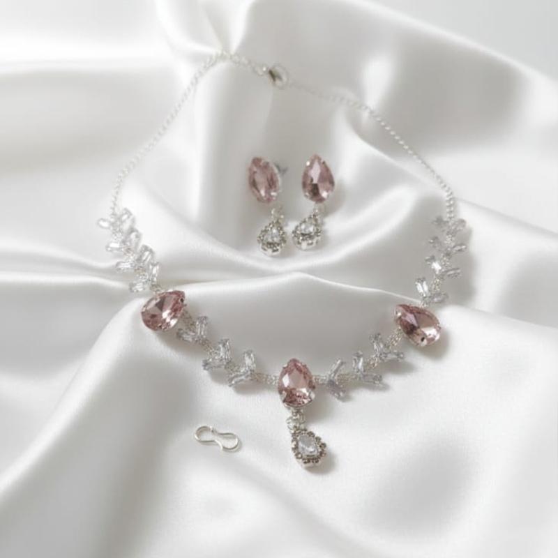 Silver-toned,Blush pink or light rose Necklace with earrings - Image 3