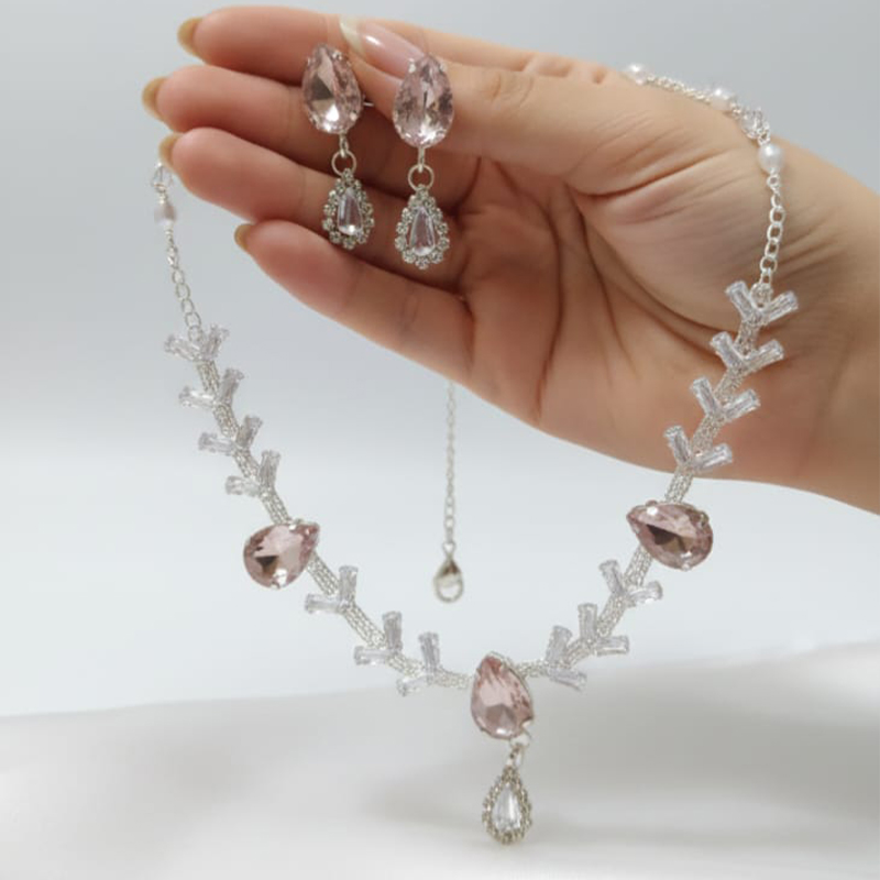 Silver-toned,Blush pink or light rose Necklace with earrings - Image 4