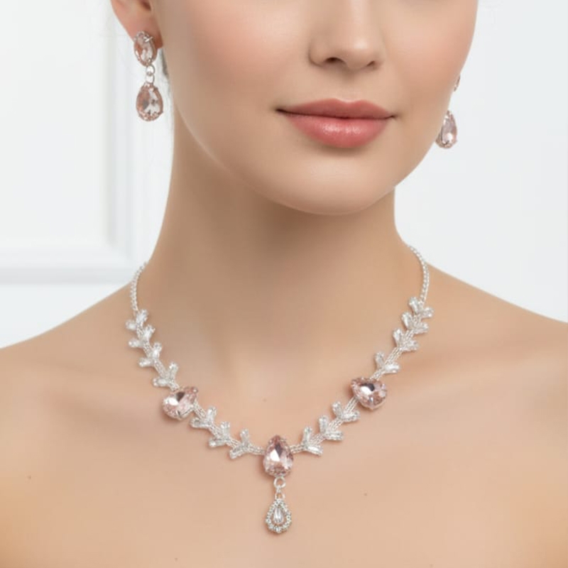 Silver-toned,Blush pink or light rose Necklace with earrings - Image 5
