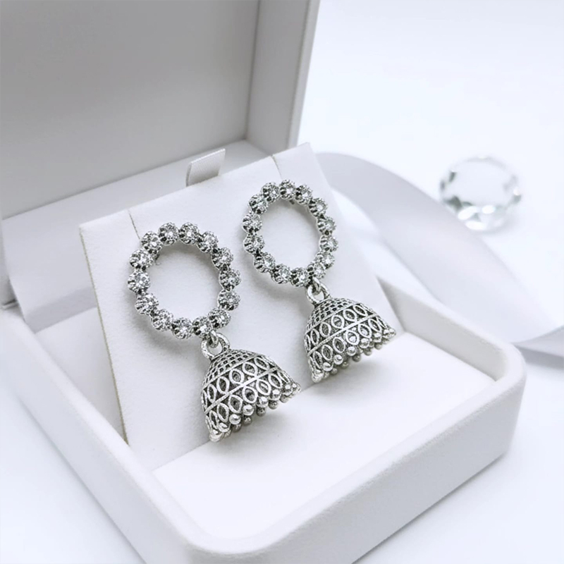 Elegant Silver-Toned bell-shaped Jhumka earrings