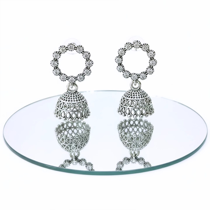 Elegant Silver-Toned bell-shaped Jhumka earrings - Image 2