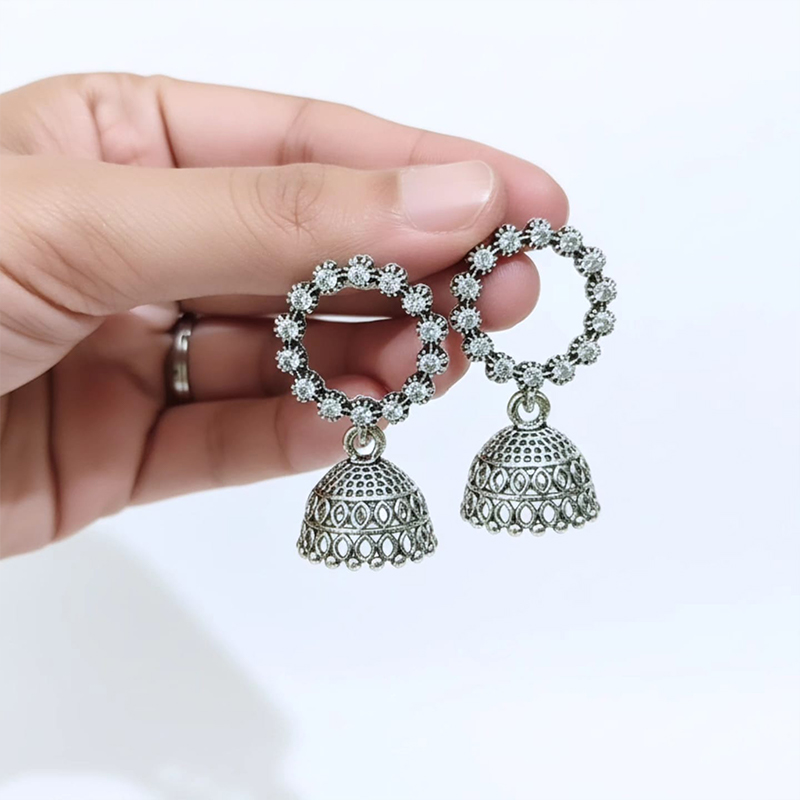 Elegant Silver-Toned bell-shaped Jhumka earrings - Image 4