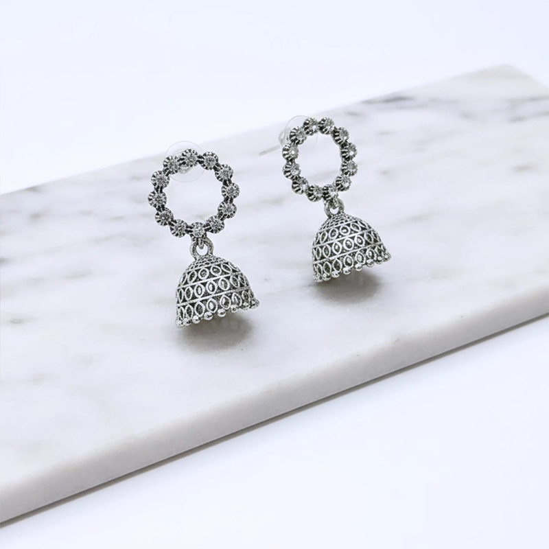 Elegant Silver-Toned bell-shaped Jhumka earrings - Image 5