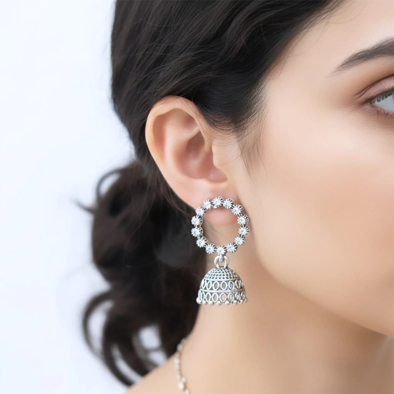 Elegant Silver-Toned bell-shaped Jhumka earrings - Image 6