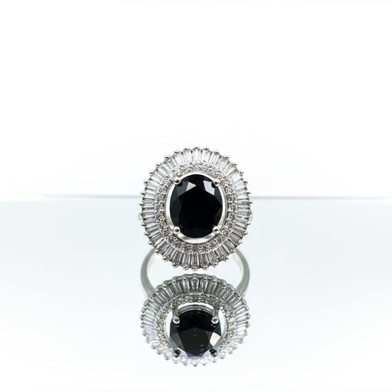 Oval-cut stone, glossy black color,silver- toned, american diamond ring - Image 2