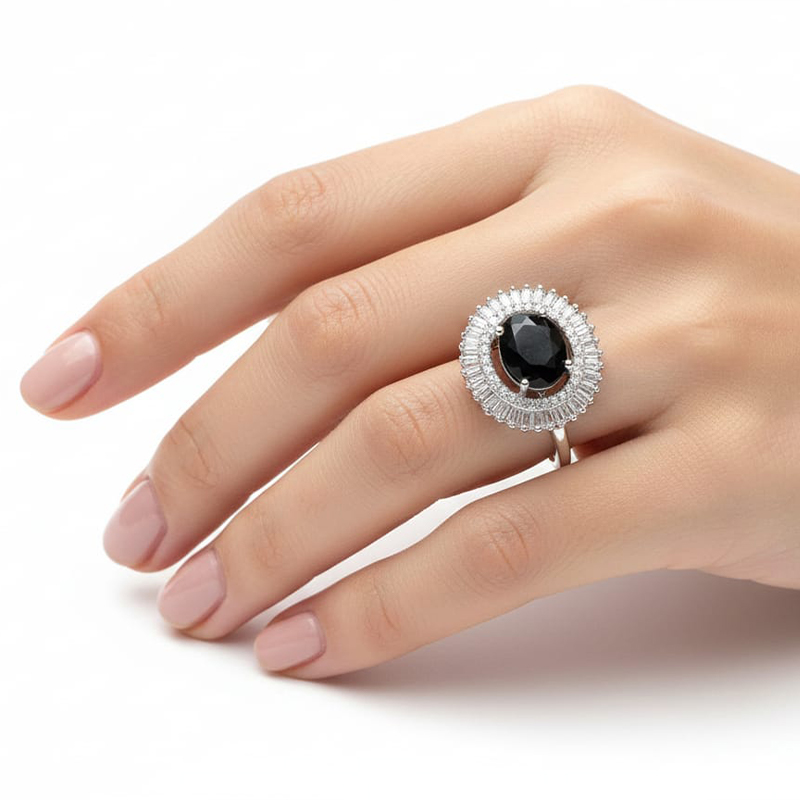 Oval-cut stone, glossy black color,silver- toned, american diamond ring - Image 3