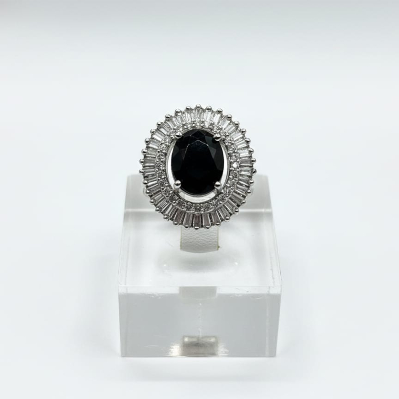 Oval-cut stone, glossy black color,silver- toned, american diamond ring - Image 4