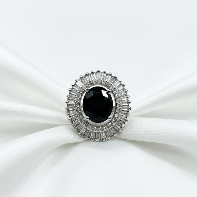 Oval-cut stone, glossy black color,silver- toned, american diamond ring - Image 5