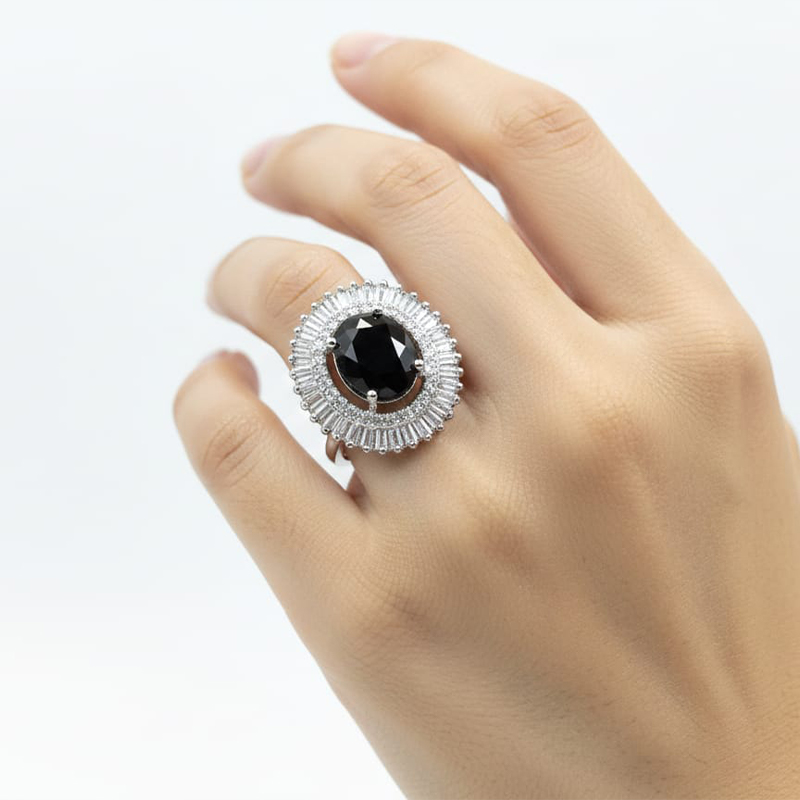 Oval-cut stone, glossy black color,silver- toned, american diamond ring - Image 6