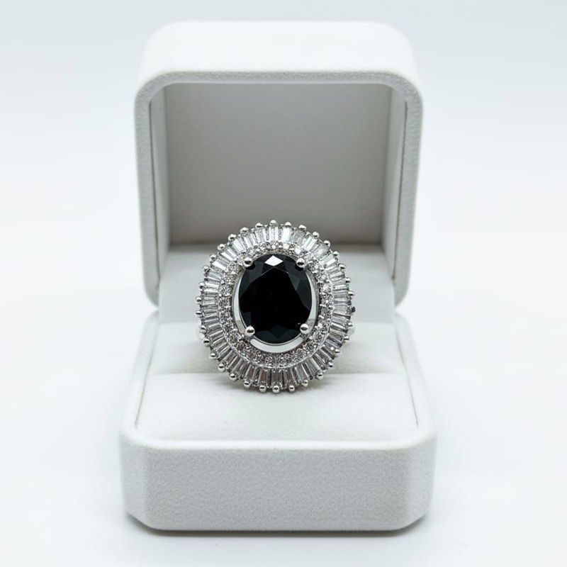 Oval-cut stone, glossy black color,silver- toned, american diamond ring - Image 7