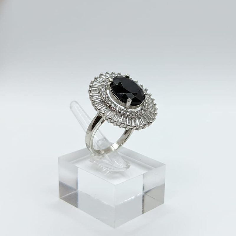 Oval-cut stone, glossy black color,silver- toned, american diamond ring - Image 9