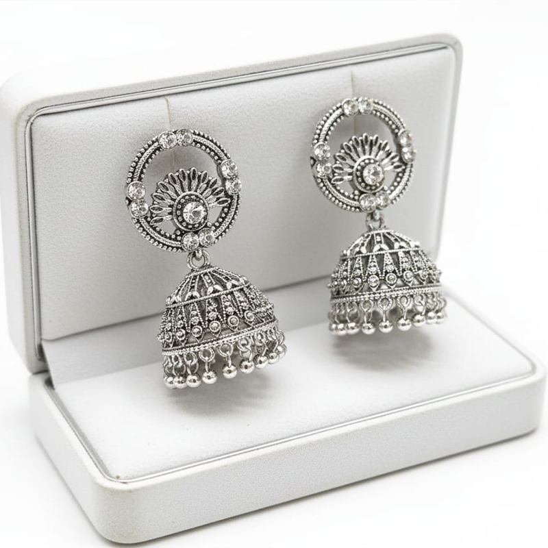 Elegant Jhumka-style, oxidized silver finish earrings