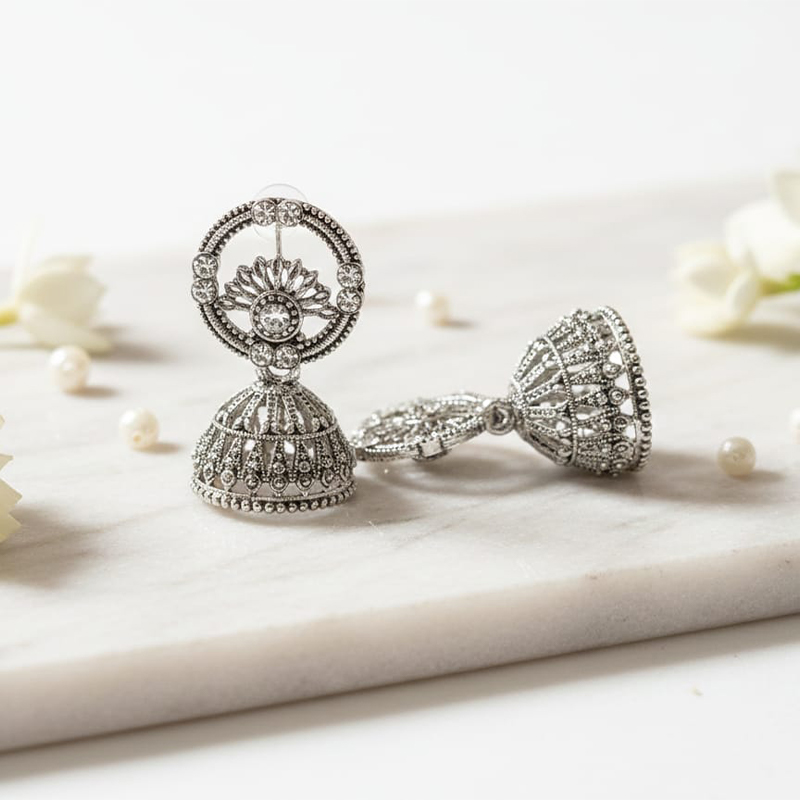 Elegant Jhumka-style, oxidized silver finish earrings - Image 3