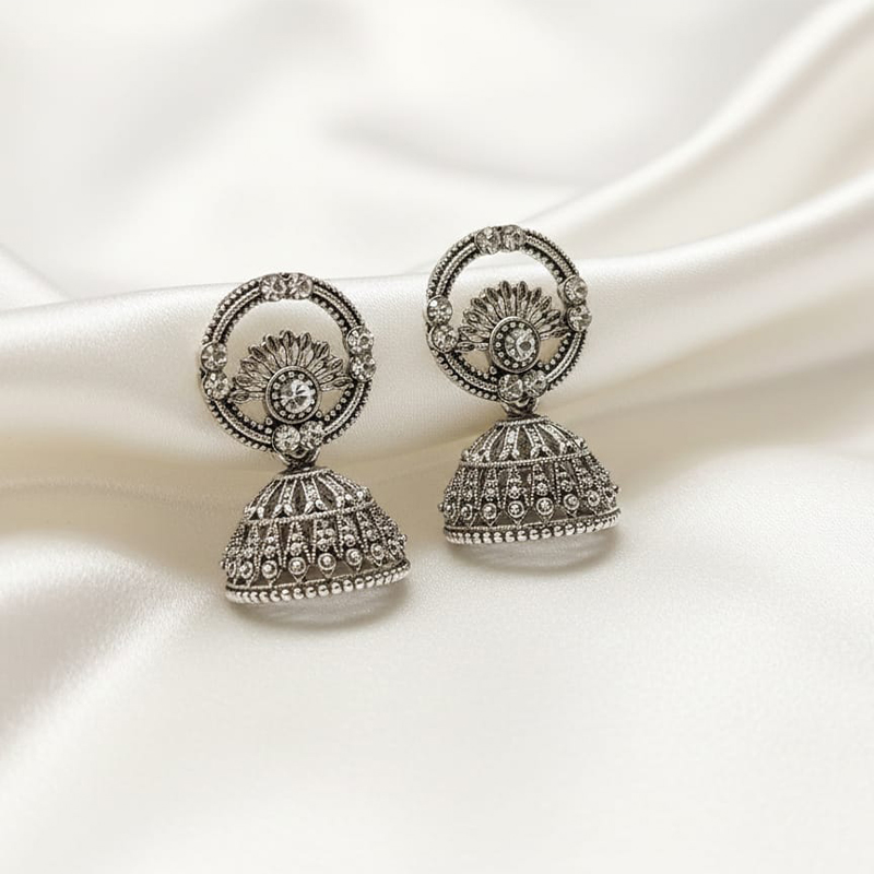 Elegant Jhumka-style, oxidized silver finish earrings - Image 4
