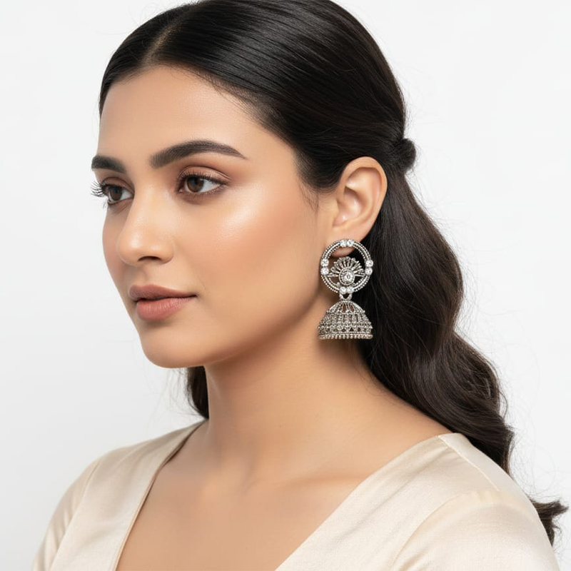 Elegant Jhumka-style, oxidized silver finish earrings - Image 5