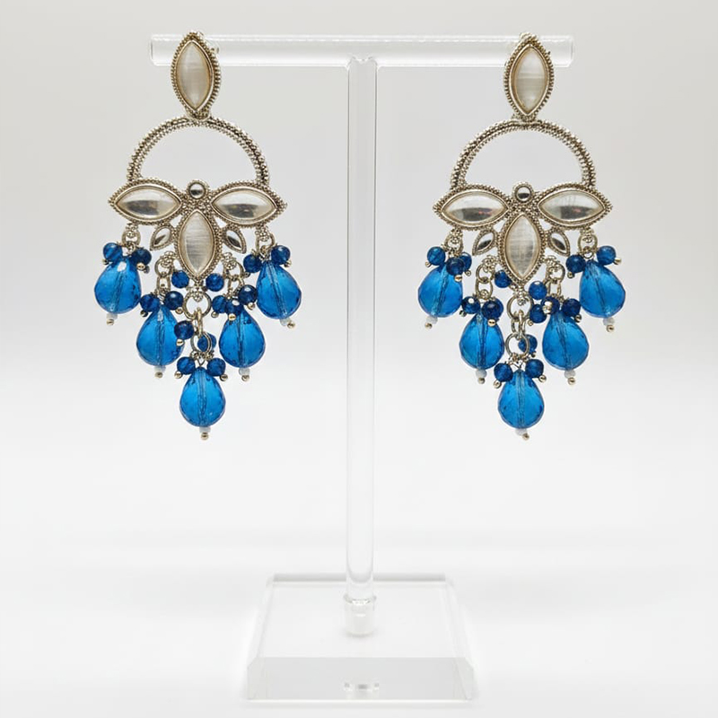 Elegant silver-toned chandelier drop with blue pearls earrings Everyday elegance or special occasions - Image 2