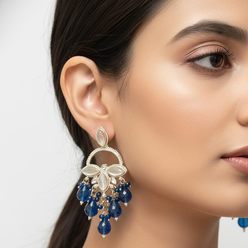 Elegant silver-toned chandelier drop with blue pearls earrings Everyday elegance or special occasions - Image 3