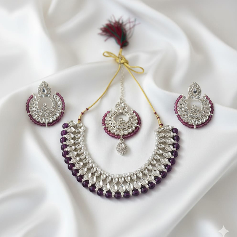 Silver-toned and purple/maroon bead necklace - Image 2