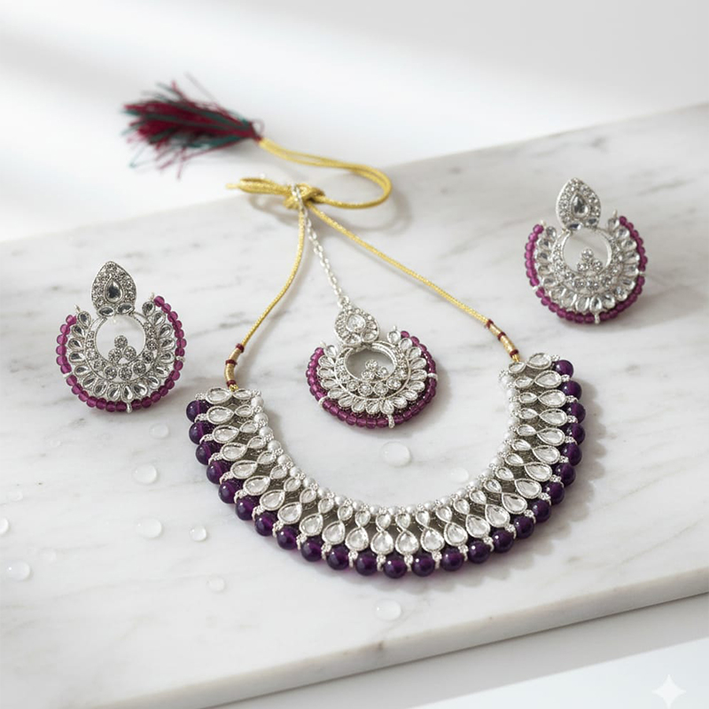 Silver-toned and purple/maroon bead necklace - Image 4