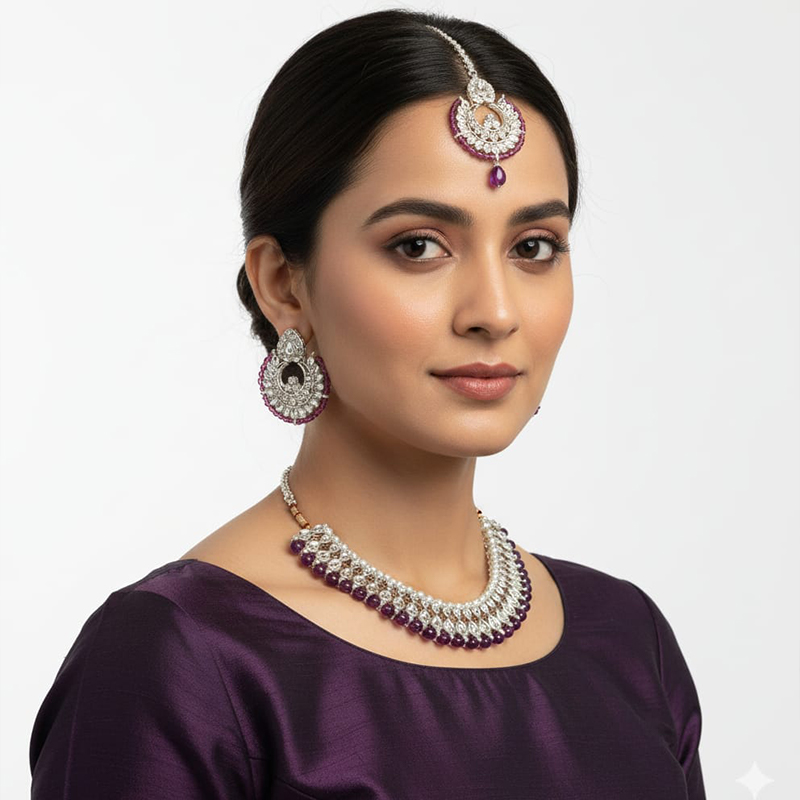 Silver-toned and purple/maroon bead necklace - Image 5