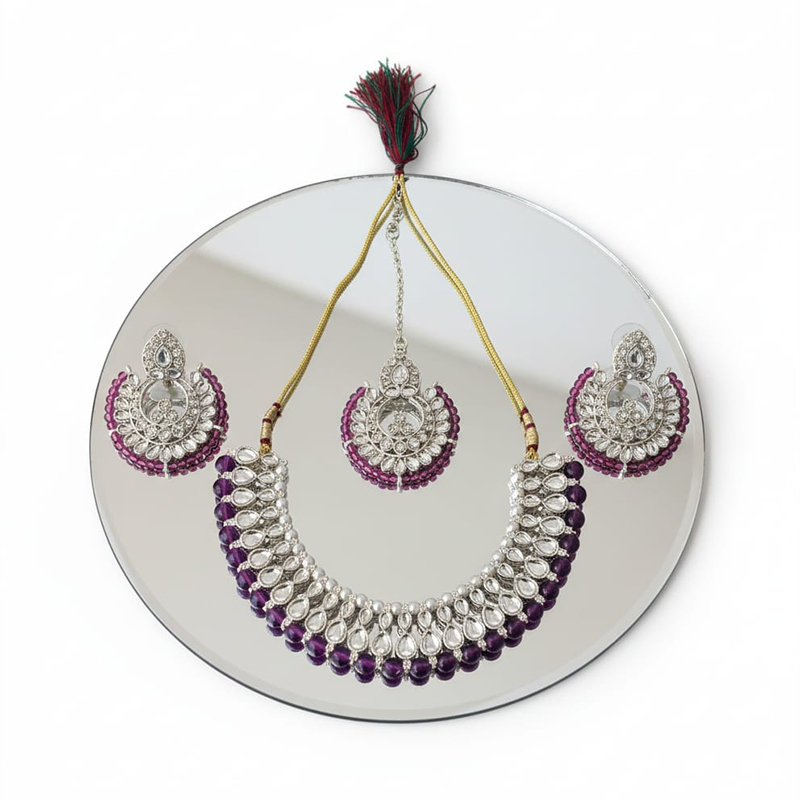 Silver-toned and purple/maroon bead necklace - Image 3