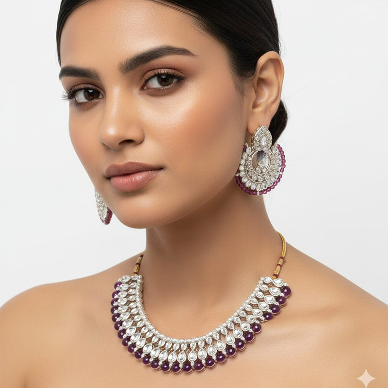 Silver-toned and purple/maroon bead necklace - Image 6