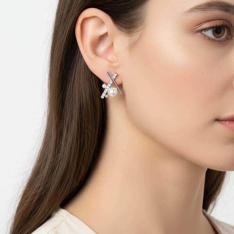 Pearl & Crystal "X" shape Stud Earrings Everyday elegance or special occasio - Image 5