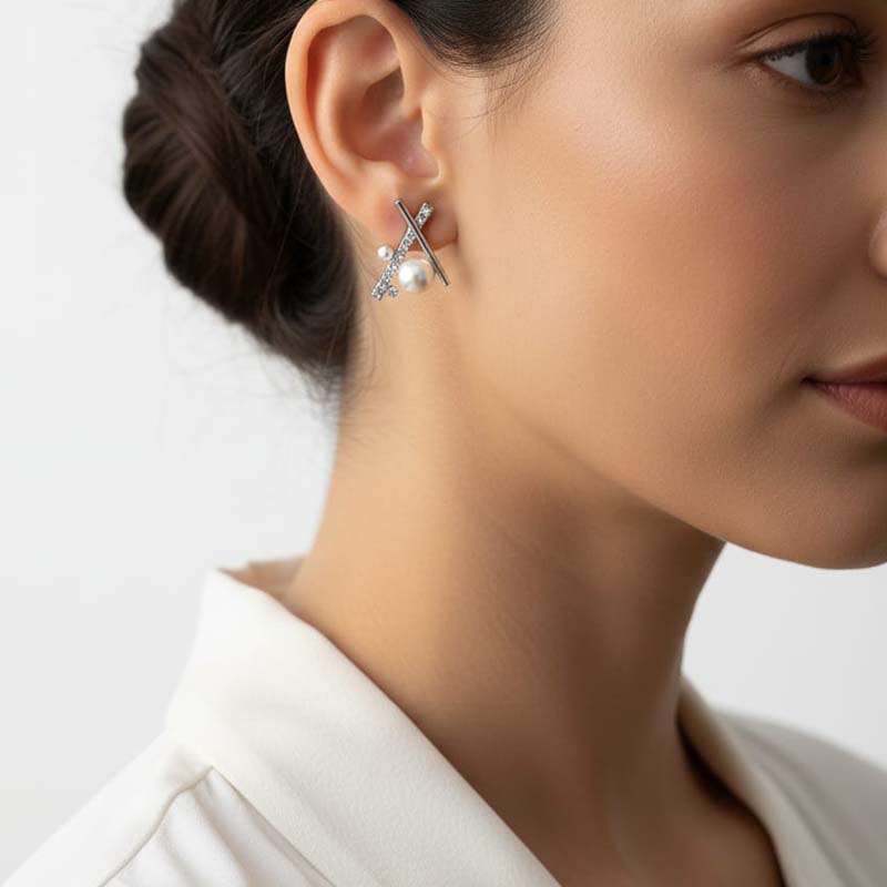 Pearl & Crystal "X" shape Stud Earrings Everyday elegance or special occasio - Image 6