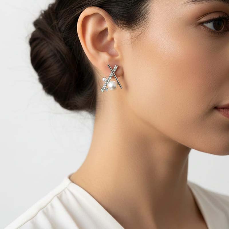 Pearl & Crystal "X" shape Stud Earrings Everyday elegance or special occasio - Image 7