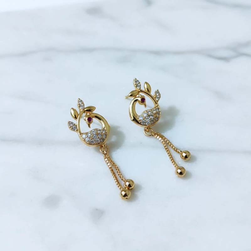 Graceful Swan or peacock motif, gold toned drop earrings - Image 3