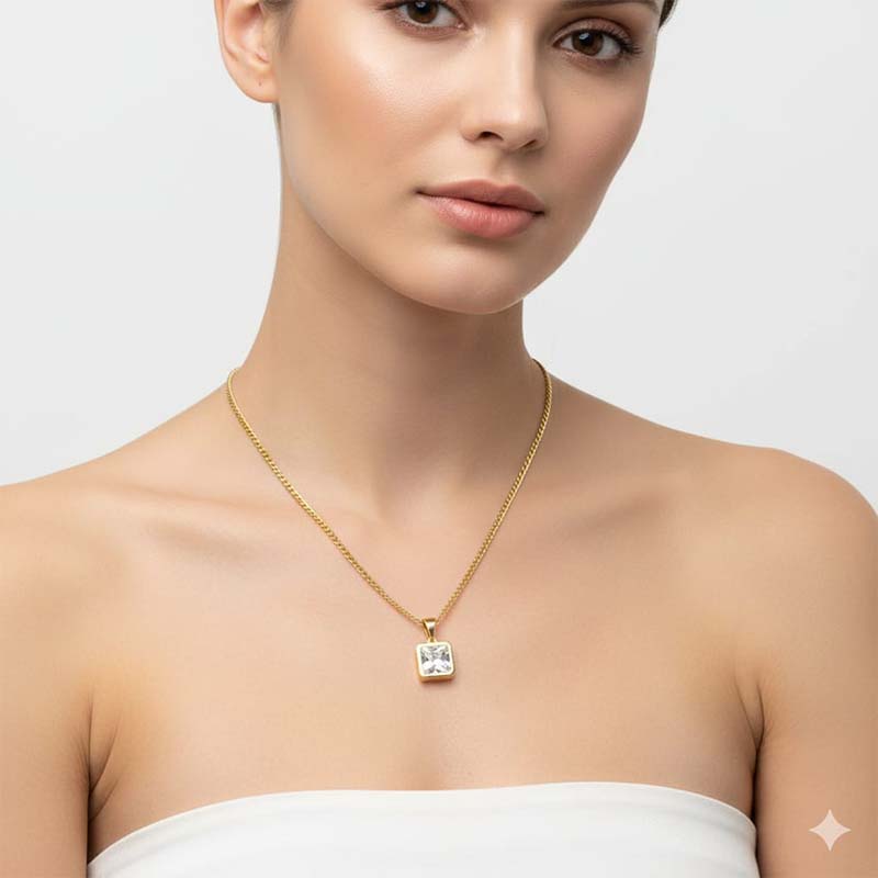 Stylish Gold-tone square pendant,faceted stone smooth bezel frame - Image 7