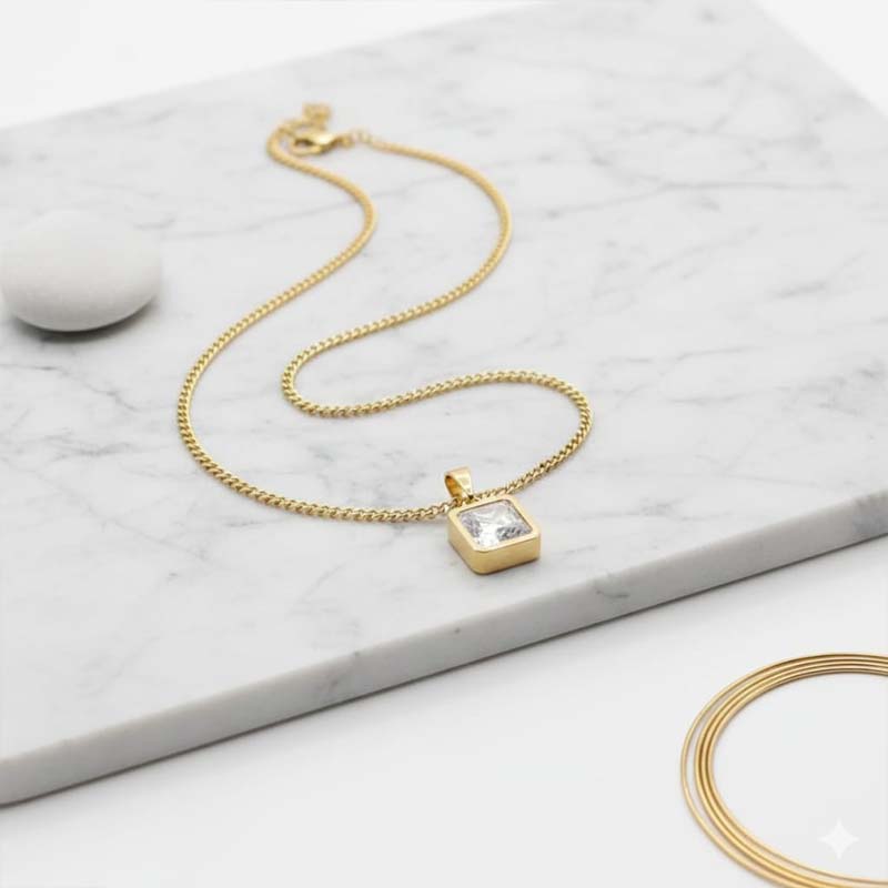 Stylish Gold-tone square pendant,faceted stone smooth bezel frame - Image 4