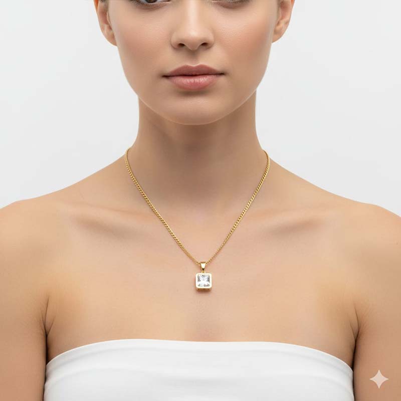 Stylish Gold-tone square pendant,faceted stone smooth bezel frame - Image 6