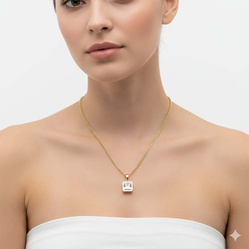 Stylish Gold-tone square pendant,faceted stone smooth bezel frame - Image 8