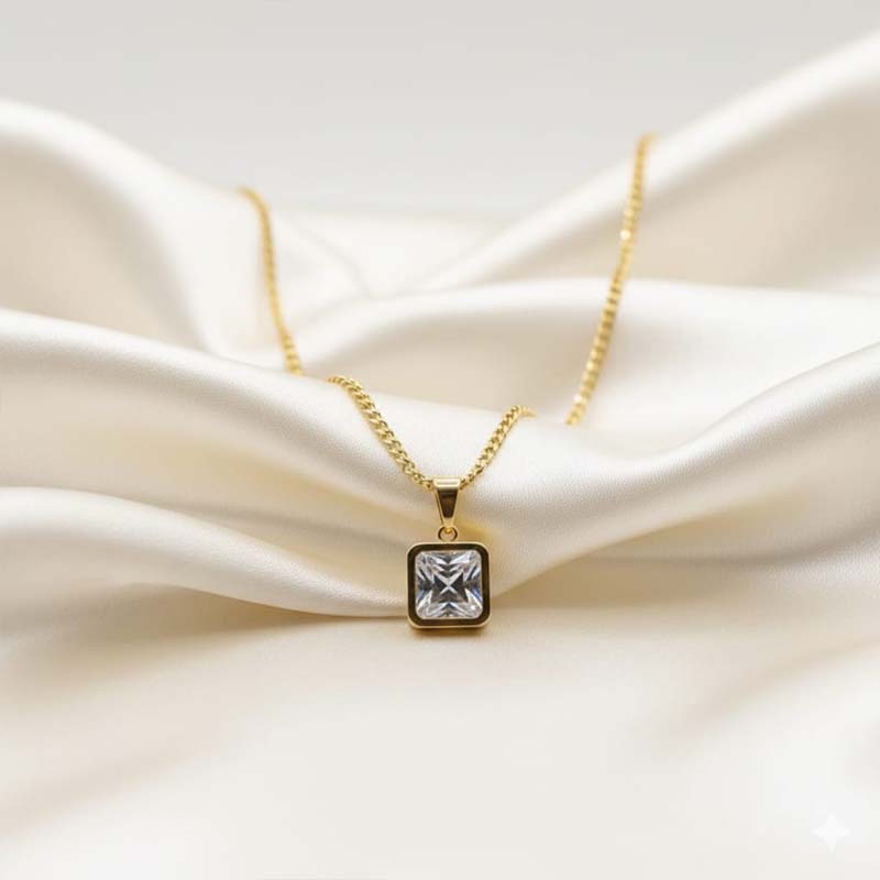 Stylish Gold-tone square pendant,faceted stone smooth bezel frame - Image 2