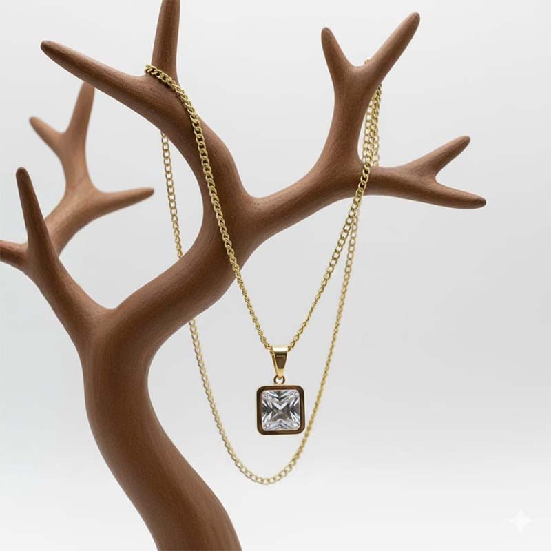 Stylish Gold-tone square pendant,faceted stone smooth bezel frame - Image 3