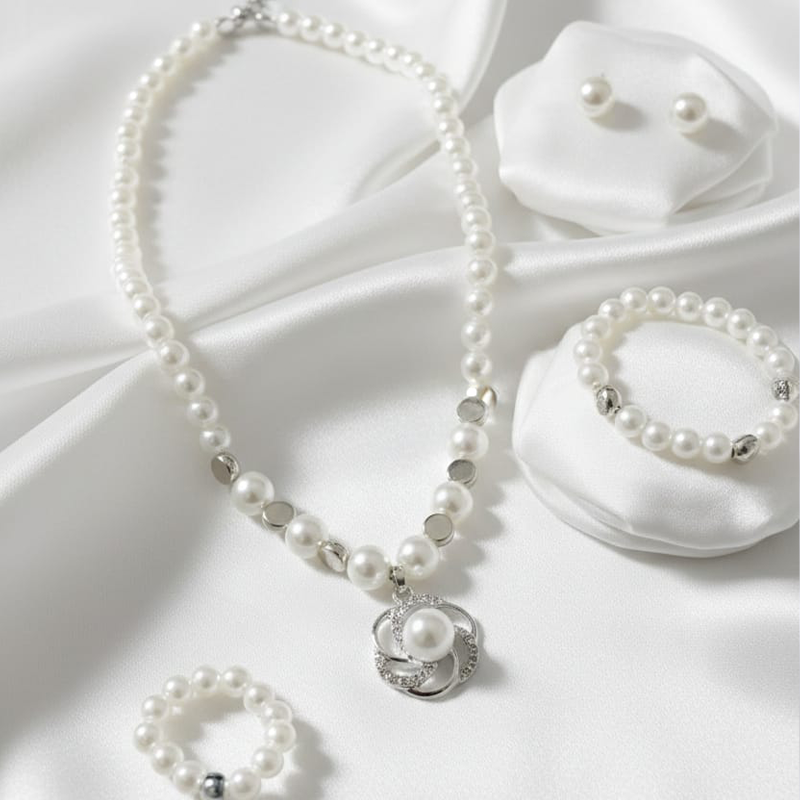 Stunning faux-pearl ,silver-tone accents jewelry set