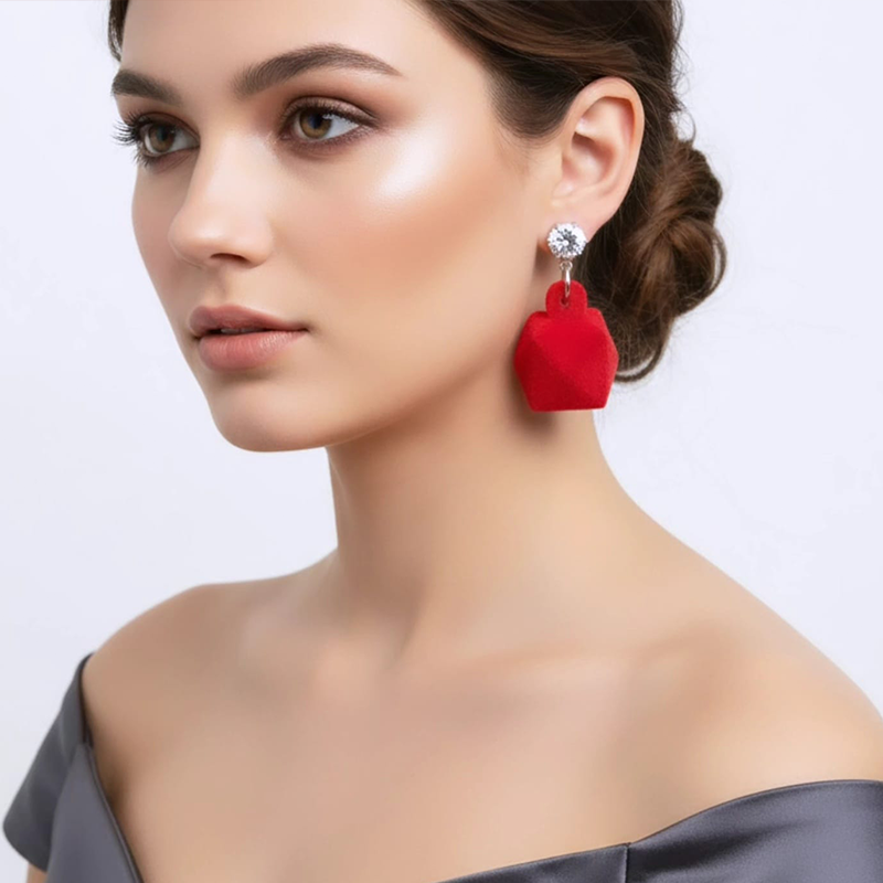 Simple High-shine crystal paired with soft, textured fabric-flocking design earrings - Image 8